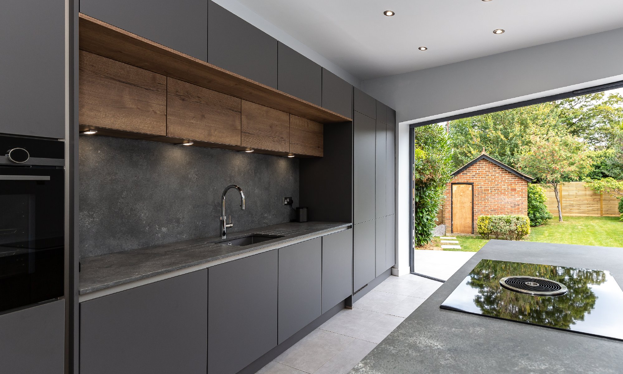 dark concrete quartz worktop in kitchen