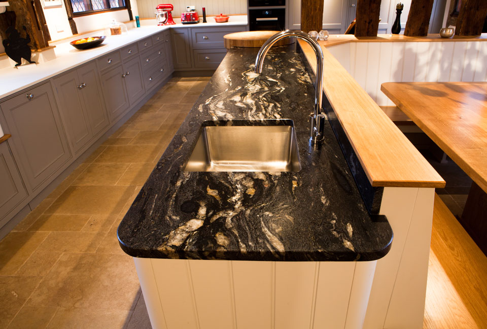 Cosmic Black Leather Granite & Lapitec Bianco Polare Dune (cabinetry by Grand Union Designs Ltd)